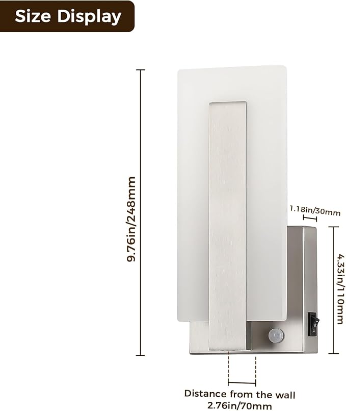 Joosenhouse Modern Wall Sconces Set of 2, 9.76 Inch Nickel Motion Sensor LED Wall Lights, Hardwired Indoor Wall Mount Light for Hallway, Bedroom, Living Room