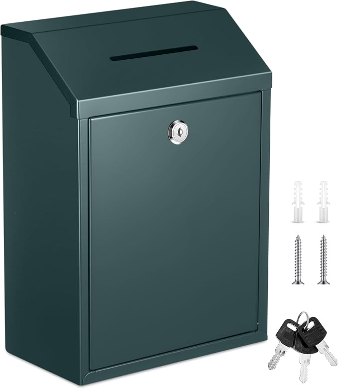 Yaocom Metal Money Box,Dark Green,11.81 x 8.58 x 4.72 Inch,No Lid | Wall Mounted Drop Donation Cash Box for Farm Stand Collection Safe Suggestion Box with Lock Container for Home Office Outdoor