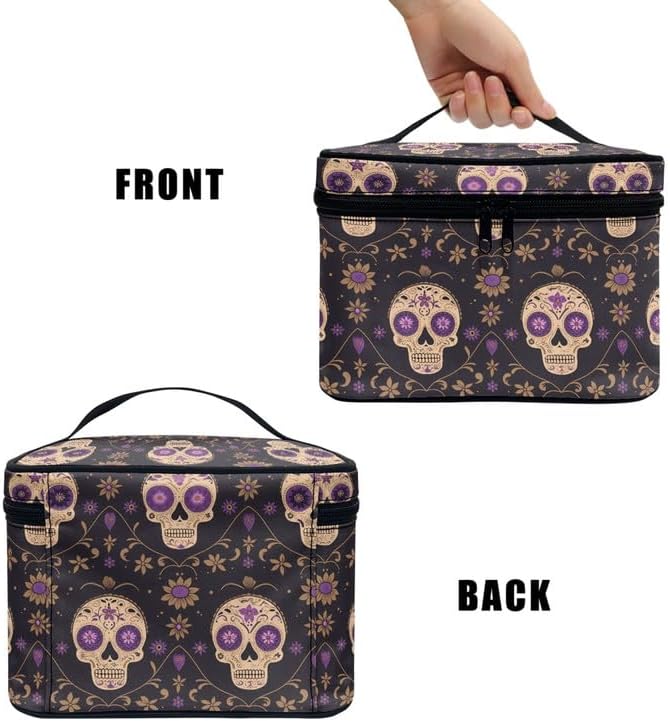Mexican Sugar Skulls Floral Travel Cosmetic Organizer for Women Portable Zipper Make Up Pouch, Bohemia Candy Skull print Large Makeup Bag Dopp Kit Essentials