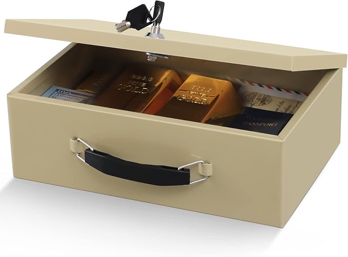 xydled Fireproof Document Box with Key Lock, Fire Safe Box, Sand | Fire and water resistant lock box for documents, passports, cash and valuables, keeping secure at home, 12.8 x 8.5 x 4.5 Inch