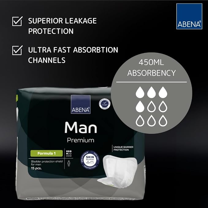Abena Man Formula 1 Incontinence Pads for Men, 15 Count, Eco-Friendly, Breathable, Comfortable, Absorbs up to 15.2 fl oz