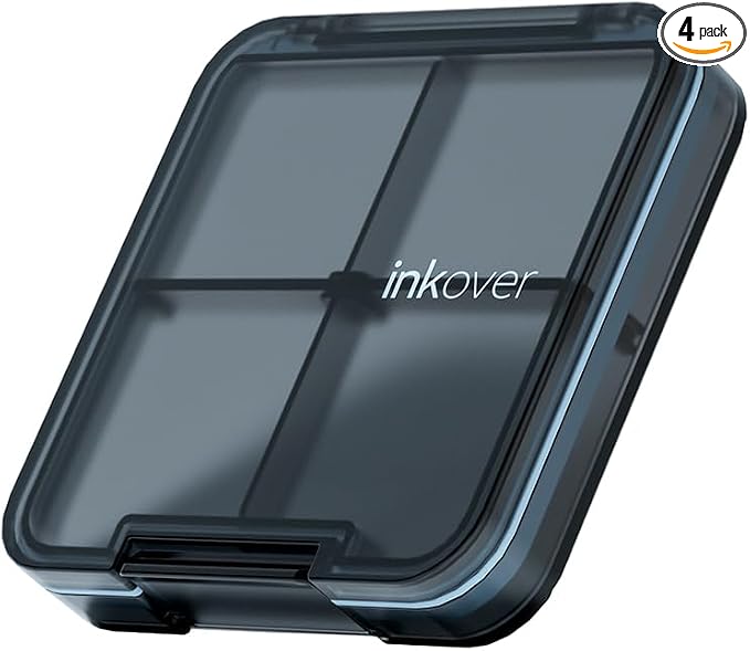 Slim Compact Pill Organizer, Pocket 4-Compartment Travel Case (Black) | Slim compact pill case fits pocket or purse. 4 adjustable compartments for pills. Ideal daily travel. Lightweight. Black