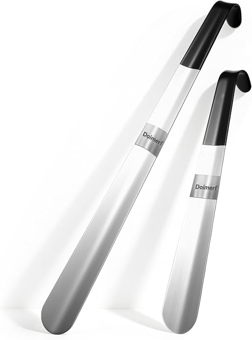 2 Pack Metal Shoe Horn, 16.5" Long Handle for Home + 11.8" Portable Travel Size, Premium Stainless Steel Shoehorn, Non-Slip Grip Shoe Helper for Boots Seniors