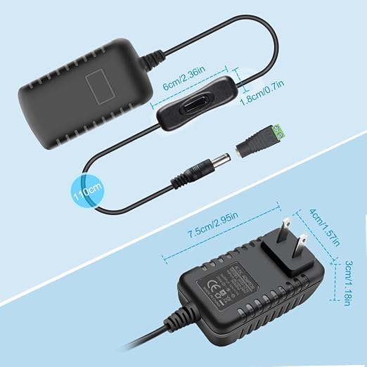 12V Power Supply, 12 Volt 1A 12W DC Power Supply with On Off Switch, Black Switching LED Power Adapter, AC 110V to 12V Transformer Plug for LED Strip Lights with 5.5/2.1 DC Female Connector