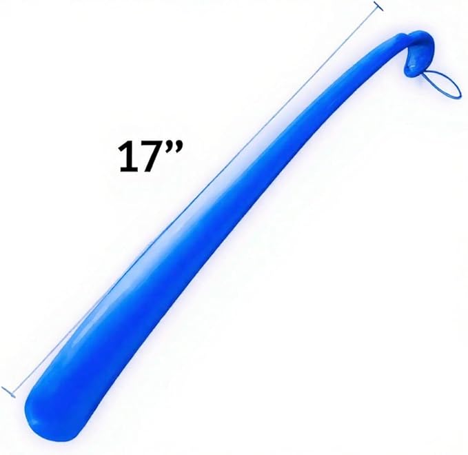 Rehabilitation Advantage Extra Long Blue Plastic Shoehorn (17") – Lightweight Shoe Helper with Curved Handle, Hooked End & Hanging Loop – Ideal for Seniors, Tall Users & Limited Mobility