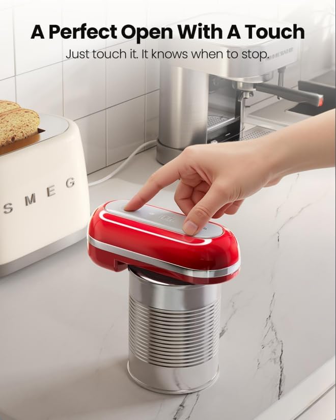 Canslab Retro Rechargeable Electric Can Opener, LED Battery Track&Auto Stop | True One-Touch Operation, Wall-Mountable Small Size, Side Cut Smooth Edge, USB Rechargeable, for Seniors with Arthritis, Red