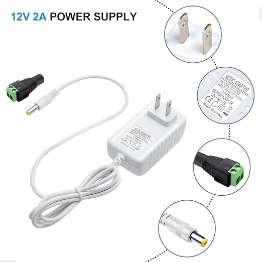 12V Power Supply, 12 Volt 2A 24W DC Power Supply, White LED Power Adapter, AC 110V to 12V Wall Mounted Transformer Plug for LED Strip Lights with 5.5/2.1 DC Female Connector