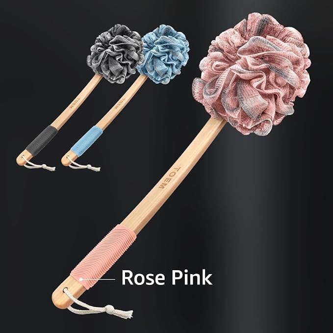 Toem® Loofah Back Scrubber for Shower | Bamboo Charcoal | Long Handle | Luffa & loofa for men & women | Bath sponge | Kit: long-handled scrubber + pouf + hook | Body wash scrub stick | Rose Pink