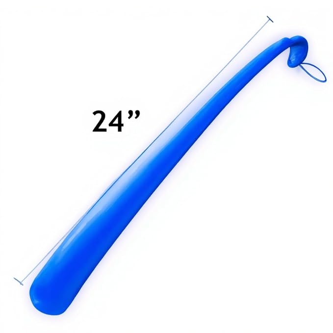 Rehabilitation Advantage Extra Long Blue Plastic Shoehorn (24") – Lightweight Shoe Helper with Curved Handle, Hooked End & Hanging Loop – Ideal for Seniors, Tall Users & Limited Mobility