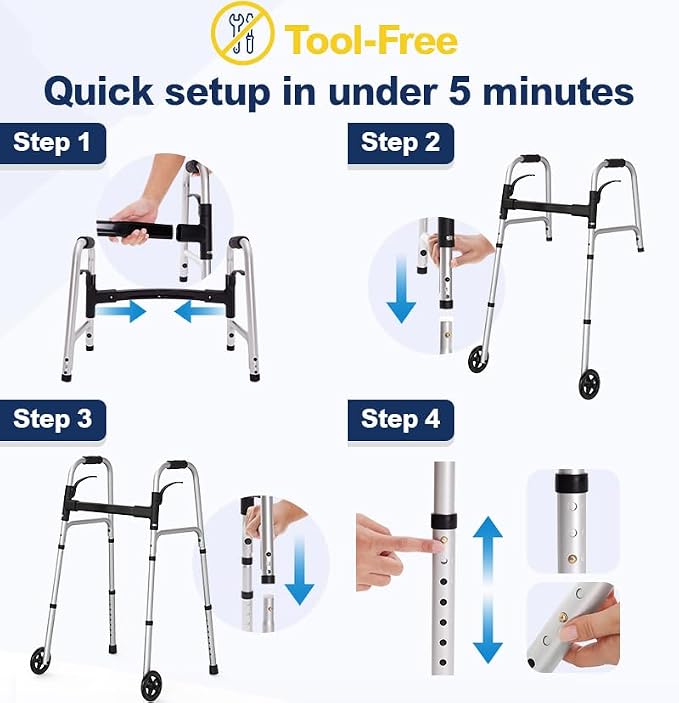 Folding Walkers for Seniors with 2 Skis and 5" Wheels, Lightweight Adult Rolling Walker, Supports Up to 350 Pounds, Adjustable Height, Aluminum Standard Walker, Silver