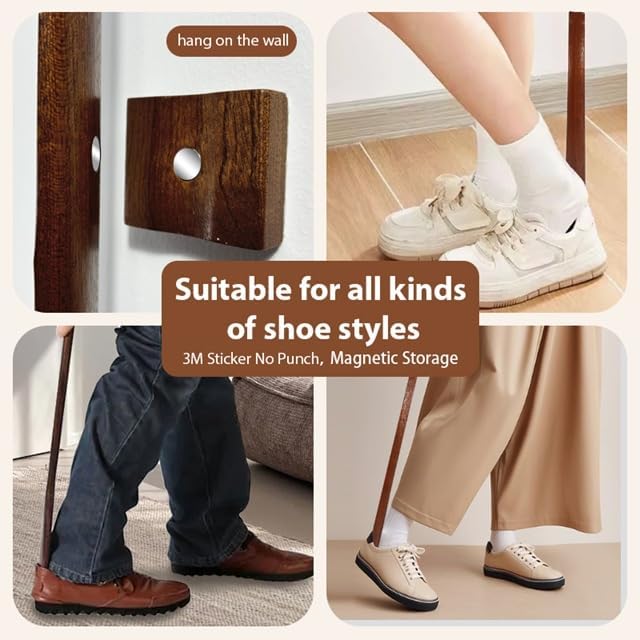 Omana Wooden Shoe Horn Long Handle for Seniors – 2 & 3 Pack (30, 55, 70cm), Magnetic Base, Easy Slip-On Aid