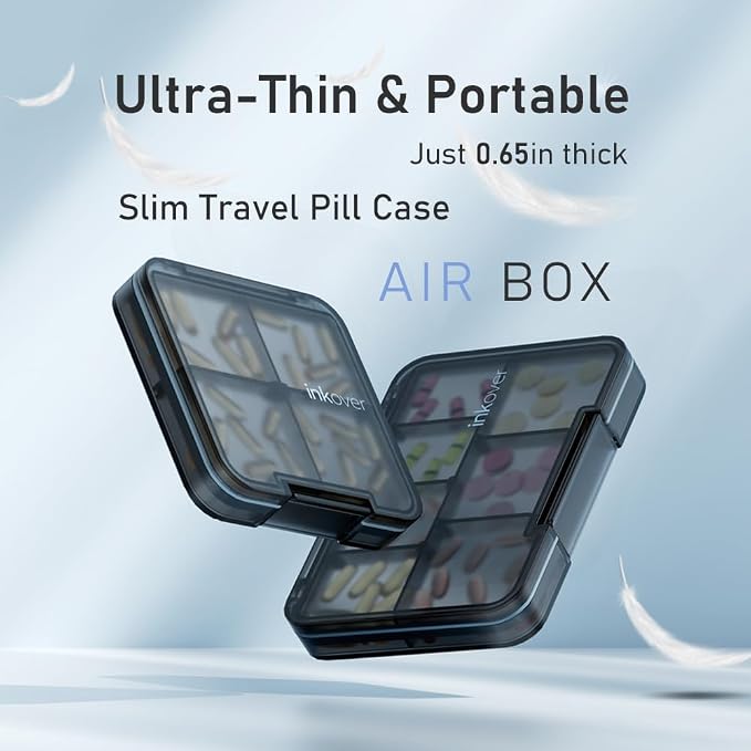 Slim Compact Pill Organizer, Pocket 4-Compartment Travel Case (Green) | Slim compact pill case fits pocket or purse. 4 adjustable compartments for pills. Ideal daily travel. Lightweight. Green.