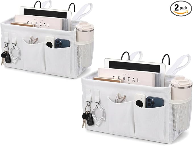 2pc Bedside Caddy Organizer with Hooks, No-Sagging Canvas Hanging Bed Pocket with Water Bottle Holder, Bedside Storage for Dorm Room Essentials, Bunk Bed Accessories, Hospital Bed Rails & Crib (white)