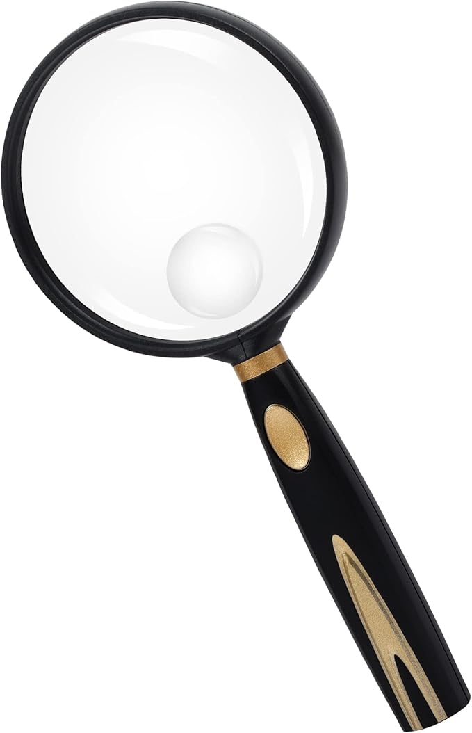 Feosky Handheld Reading Magnifier, 10X Magnifier, 75mm Shatterproof Lens, Non-Slip Handle for Adults Close Work, Seniors Reading and Nature Exploration, Hobby Observation(Gold)