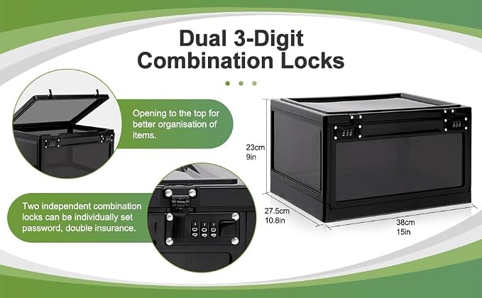 Medicine Lock Box Large for Refrigerator, Locked Storage Bin with 2 Combination Locks, Clear Locking Box for Safe Medication, Food, Snacks & Phone, for Home & Office Organizer 24L (Black)