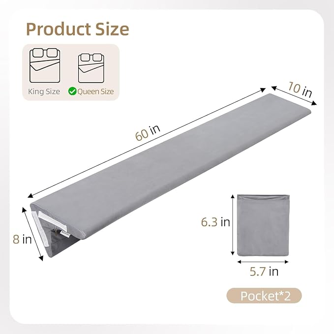 Vekkia 2-in-1 Queen Bed Wedge Pillow for Headboard Gap, Fills 0–6" Gaps, Rotates for Two Angles & Heights, Pressure Lock Design Keeps in Place, Dual Side Pockets, Washable Cover, Gray, 60"x10"x8"