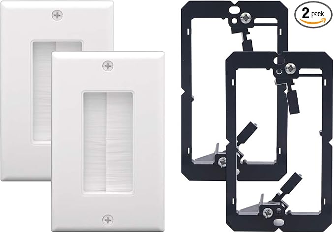 VCE Brush Wall Plate Cable Pass Through with Bracket, Decorator Cover for Low Voltage Cables - White, 2-Pack