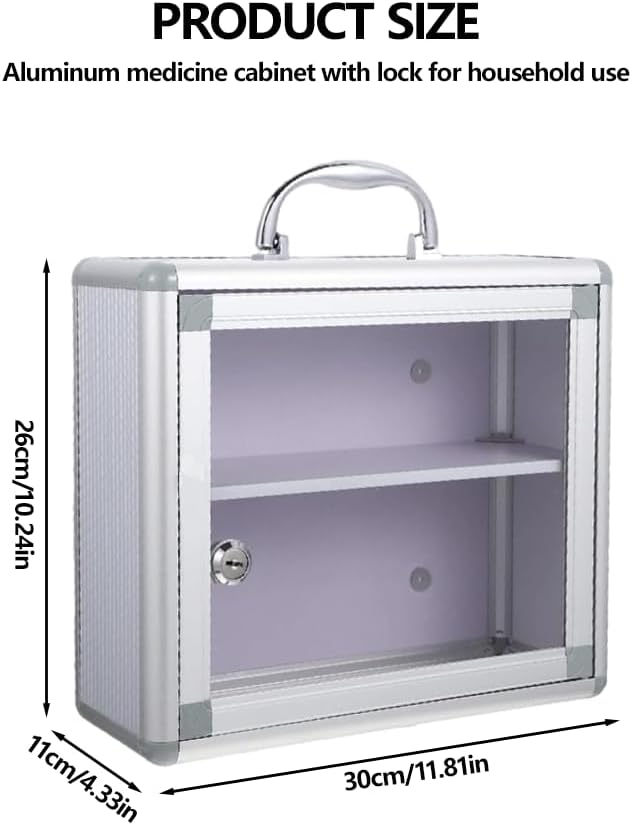 Metal Medicine Storage,Wall mounted Medicine Lock Box, First Aid Safe Medication Storage Box, Layered Aluminum Daily Medicine Lockable Box with Key 11.8x 4.4 x 10.3 Inch