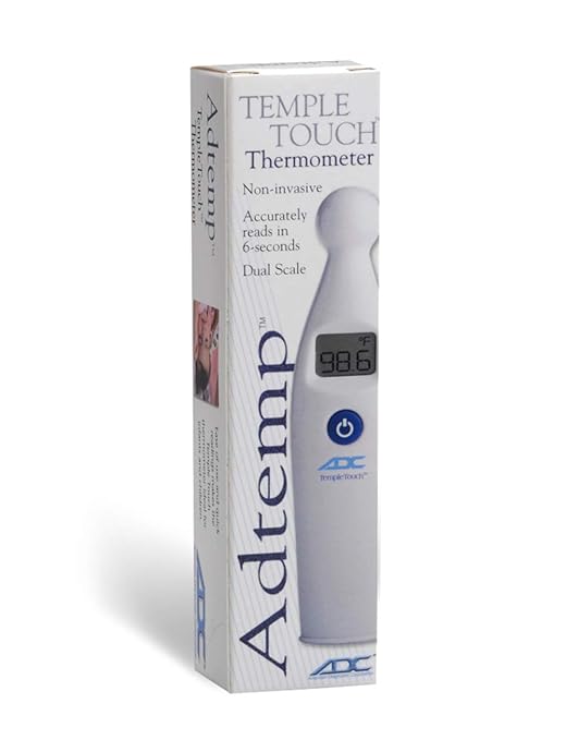 ADC Adtemp 427 Temple Touch 6-Second Digital Thermometer, Ideal for Infants | Includes an easy-to-read, color-coded, backlit LCD display: Green for normal readings, red for high temperatures.