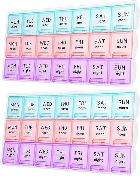Large Weekly Pill Organizer 3 Times A Day,Travel Pill Cases ，Moisture-Proof 7 Day Pill Contaner, Portable for Pills Vitamin Fish Oil Supplements,Medicine Organizer（2Pack）