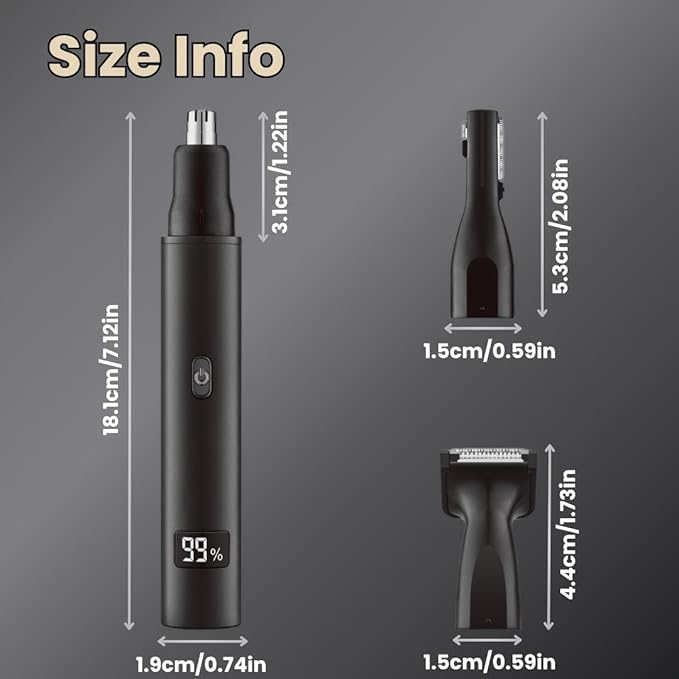 Rechargeable Ear and Nose Hair Trimmer for Men Women, Professional Hypoallergenic 3IN1 Eyebrow & Facial Hair Trimmer, Gentle Dual Blades, USB-Type C Fast Charge, Portable with Detachable Head