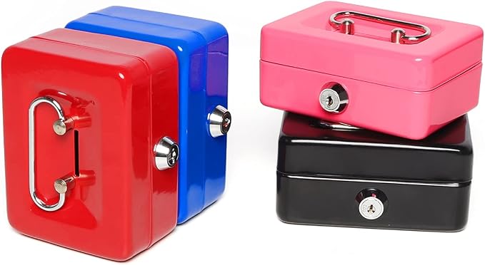 Jssmst Small Cash Box with Lock and Slot, Metal Coin Piggy Bank for Adults and Kids, Blue Locking Money Box