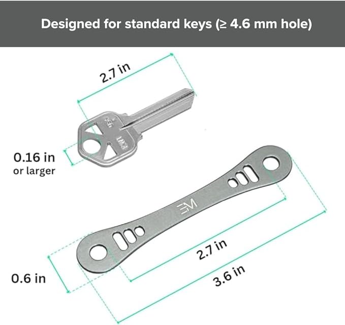 EM Compact Key Holder, Pocket Key Organizer, 14 Keys Key Bar | Fits 4.6 mm or larger keyholes only. Small hole keys like mailbox keys may not fit. Anti jingle, removable clip