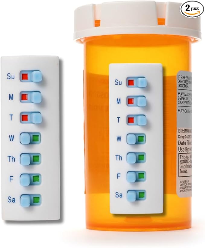 Peel and Stick Reusable for 12 + Refills, Pill/Medication/Vitamin/Pet Med Tracker & Reminder, Attach to Your Bottle, Organizer-Free, Curved‑Back (White, 2-Pack)