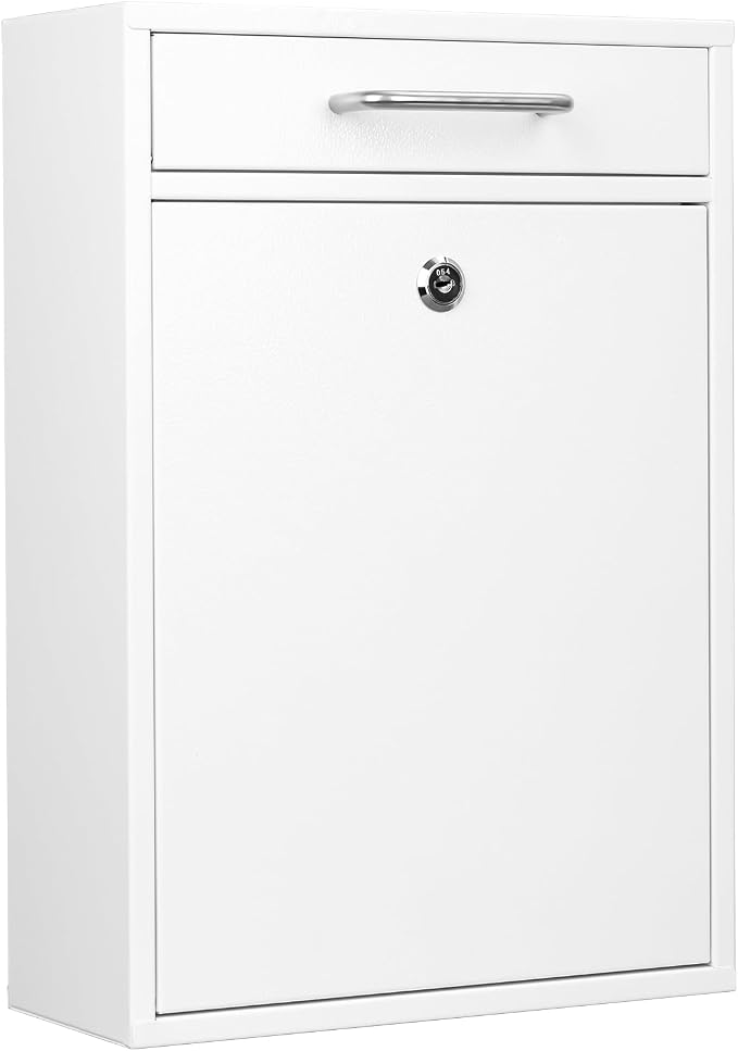 KYODOLED Locking Wall Mount Mailbox for Outside, Drop Box, X-Large, White | Heavy-Duty Steel, Outdoor Mail Box with Key Lock, Large Capacity, Home, Office & Apartment Use, 16.2H × 11.2L × 4.6W In