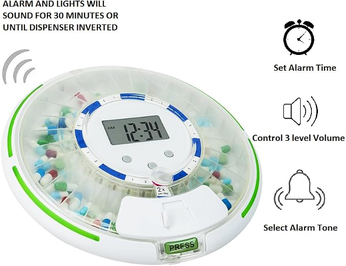 Automatic Pill Dispenser for Elderly with Alarm, Lock 28-Day Medication Dispenser, 6 Dosage Templates, Sound & Light Alerts & Key for Vitamins, Supplements (Clear Lid)