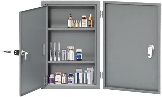 Yeeoy Locking Medicine Cabinet, Wall Mount Narcotics Cabinet with Lock & Double Door, Secure Steel Drug Cabinet Medicine Lock Box for Home School use, Grey