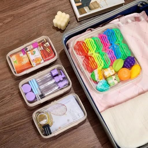 4 pcs Clear Zipper Pouches,Hard Shell Zipper Case, Toiletry Bag for Travel | CLear Diaper Bag, Toiletry Pouch, Travel Organizer, Cosmetic Bag,Toy Storage Bins (M+3S)(Ivory)