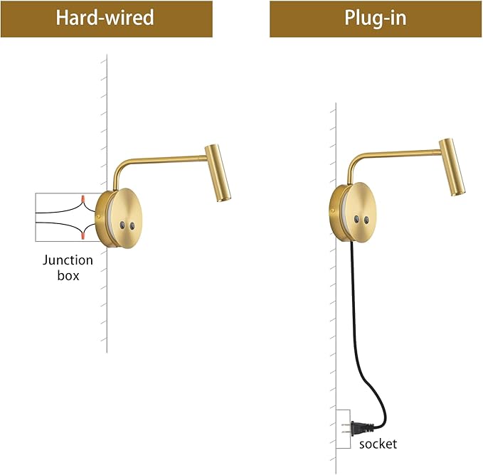 Gold Wall Mounted Reading Light, 3000K Flexible Headboard Reading Sconces with On Off Switch Control, Plug in/Hardwired Wall Light Fixtures with Night Light for Bedside Bedroom Bunk