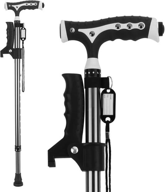 Hold 440 Lbs Walking Cane for Men & Women Aluminum Alloy Lightweight Height Adjustable Walking Stick Heavy Duty Foldbale Free Standing Cane with LED for Seniors Adults