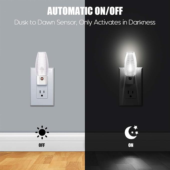 Emotionlite Plug-in Night Light Dusk to Dawn Sensor, Neutral White, 4 Pack | Neutral white sensor night light, great for nursery, bedroom, bathroom, hallway, stairs & kitchen