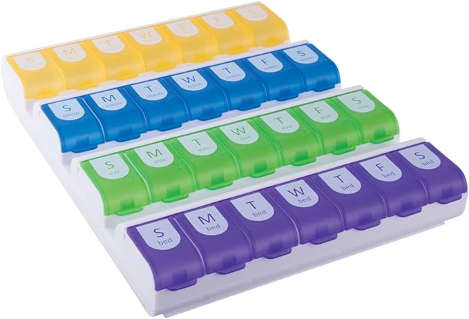 EZY DOSE Weekly (7-Day) Pill Case, Medicine Planner, Vitamin Organizer Box, 4 Times a Day, Large Compartments, Easy Fill All Compartments at Once Organizer, Multi-Colored, BPA Free | Pill Case, Medicine Planner, Vitamin Organizer Box, 4 Times a Day, Ea...