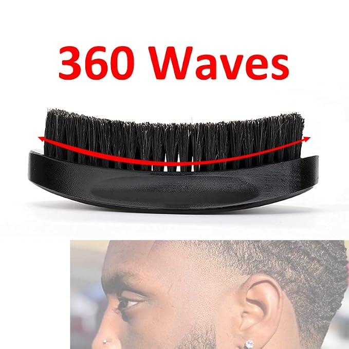 360 Curved Wave Brush For Men - Medium Hard Palm Wave Hair Brushes - Made with Beech Mix Nature Boar Bristle Brush For Black Hair (Black)