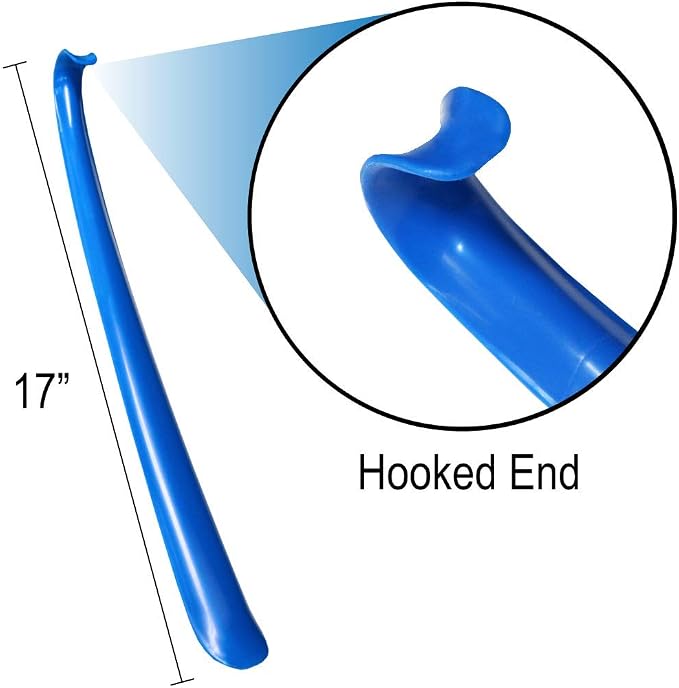 Rehabilitation Advantage Extra Long Blue Plastic Shoehorn (17") – Lightweight Shoe Helper with Curved Handle, Hooked End & Hanging Loop – Ideal for Seniors, Tall Users & Limited Mobility