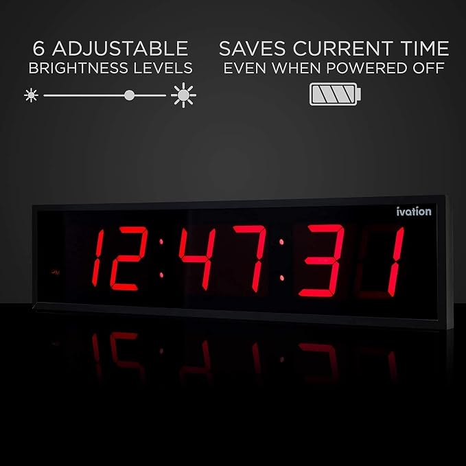 Ivation Oversized Large Digital Wall Clock - Big LED Digital Clock w/Large Display & Durable Aluminum Frame, Shelf or Wall Mount (30 Inch - Red) 6 Brightness Levels | Time Memory | Remote