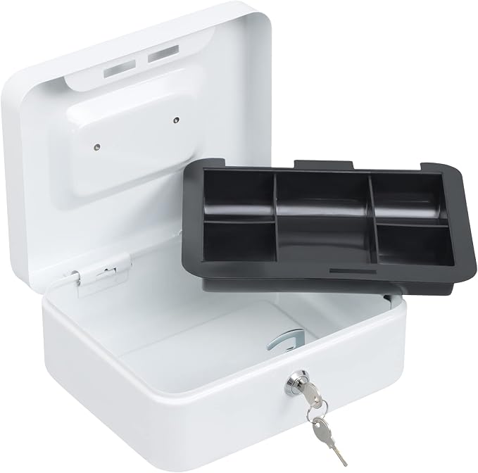 xydled Locking Steel Medium Cash Box with Removable Coin Tray and Key Lock,7.87"x 6.30"x 3.54",White