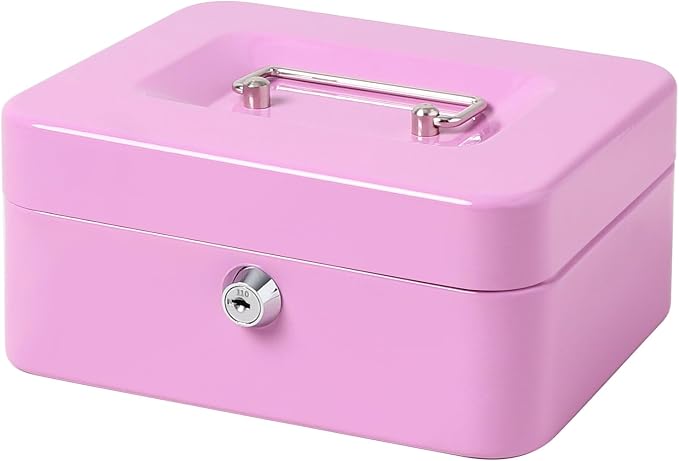 Jssmst Cash Box with Key Lock - Durable Metal Cash Box with Money Tray, Light Purple, Medium
