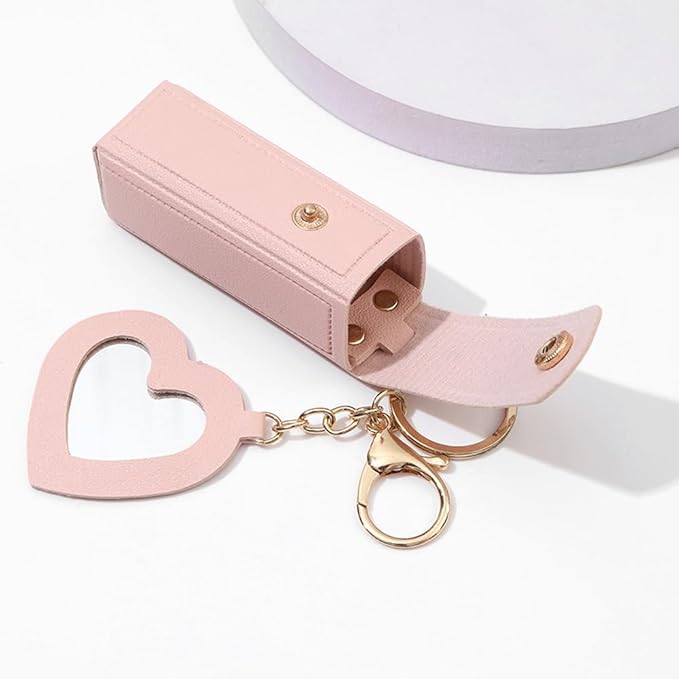 Arvintas 4 PACK PU Leather Potable Chapstick Holder Key Chain Bulk with Mirror, Lipstick Keychain, Lip Balm Organizer Holder Lipstick Travel Makeup Storage Case for Women Girls (Style 1)