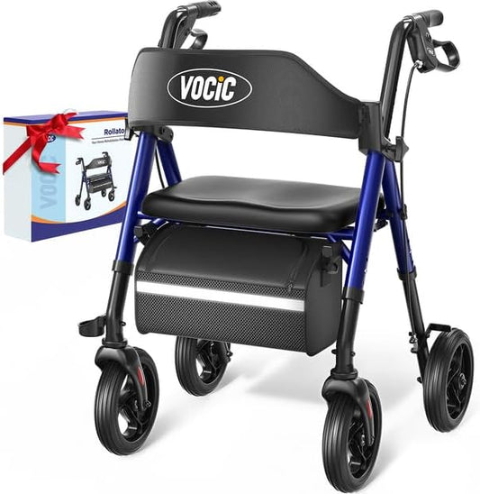 VOCIC Walkers for Seniors,Foldable Walker with Seat,Rollator Walker with Durable Aluminum,8" Big Wheels for All Terrain, Ergonomic Seat and Backrest,Dual Adjustable Height Rolling Walker| Pashion Blue