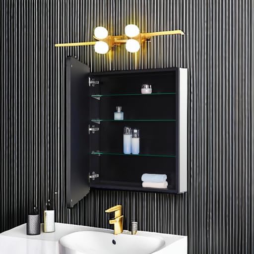 Black Bathroom Mirror Medicine Cabinet with Round Corner Framed Door 24 x 30 inch, Recessed or Surface Mount, with Adjustable Glass Shelves
