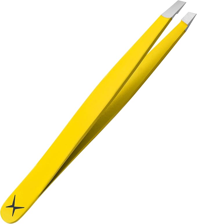 Professional Slant Tip Tweezers - Precision Stainless Steel Eyebrow Plucking Tool for Women and Men, Ingrown Hair Remover, Facial Hair Tweezers for Grooming (Lemon Silk)