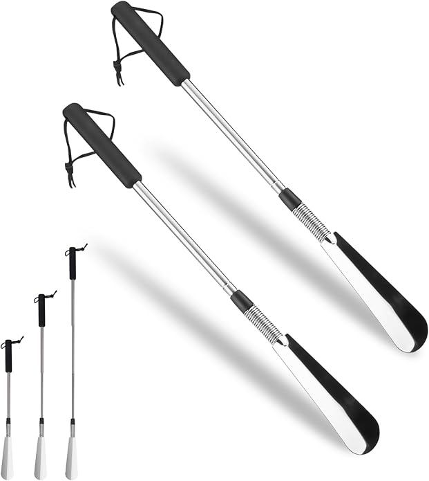 2 Pieces Shoe Horn Long Handle for Seniors, Stainless Steel Boot Horn Lifer, Shoe Helper Stick Aid Tools