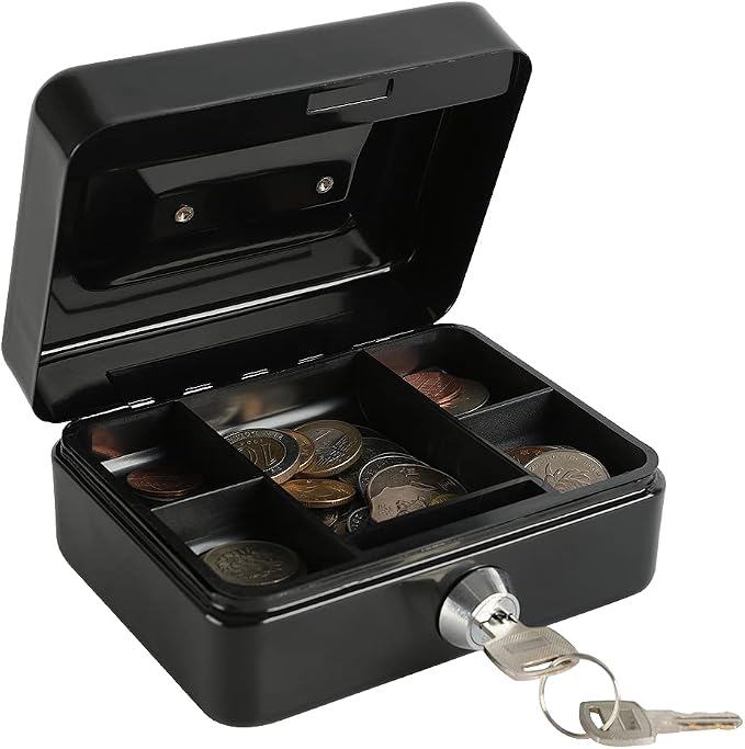 xydled Locking Steel Mini Cash Box with Removable Coin Tray and Key Lock,4.92" x 3.74" x 2.36",Black