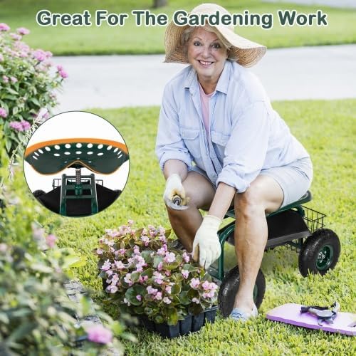 VINGLI Garden Cart with Rolling Seat, Wheels, Steering Handle & Utility Tool Tray, Planting Wagon Scooter, Gardening Tool for Senior, for Patio, Backyard, Lawn & Outdoor (Dark Green)