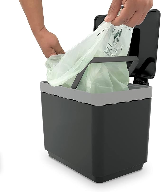 GLAD Compost Bin for Kitchen, 1.5 Gallon | Plastic Container with Removable Inner Basket, Bag Storage Holder, and Carbon Odor Blocking Filters, Gray