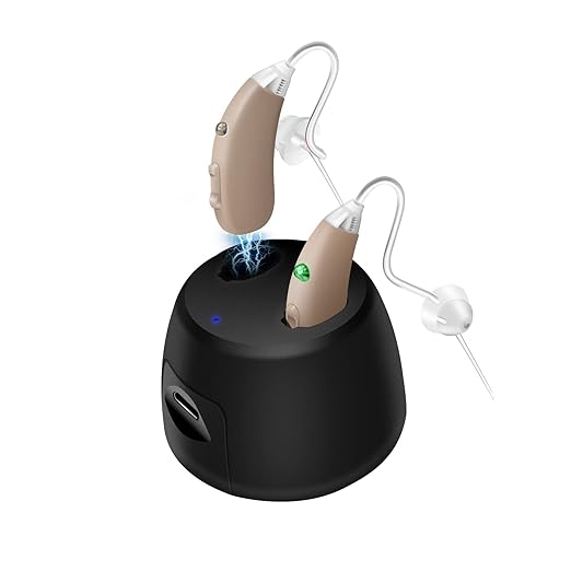 Banglijian Rechargeable Hearing Aids for Seniors - Intelligent DSP Noise Cancellation, Behind-the-Ear (BTE) Design, Easy-to-Use, Comfortable Fit, 20H Battery Life, Magnetic Charging (Beige)